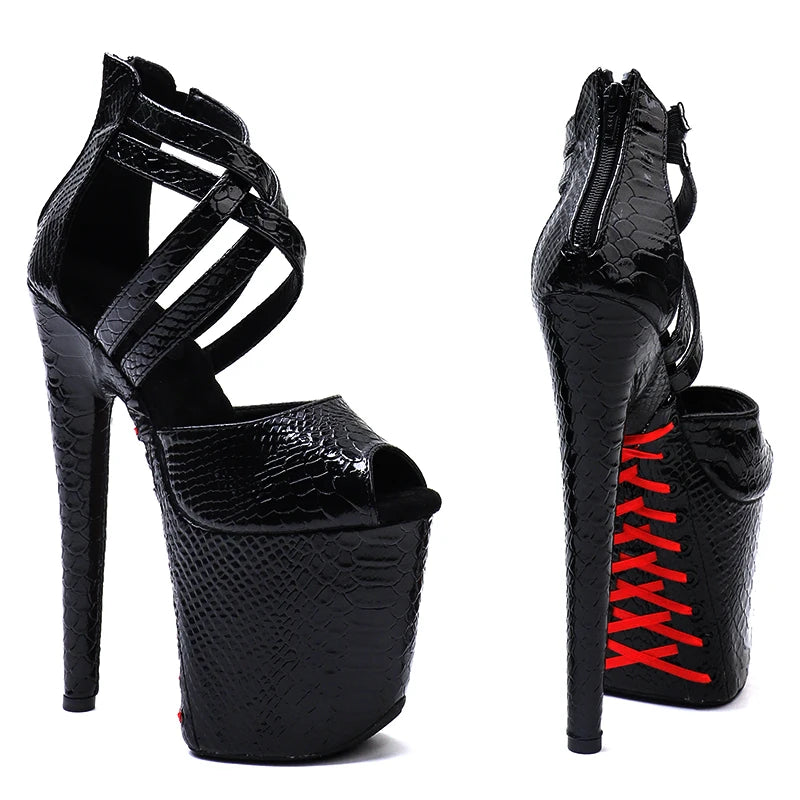 Leecabe  8Inch/20cm Shiny snake PU fashion  High Heels Platform lace-up Sandals stripper heel Pole Dance shoes