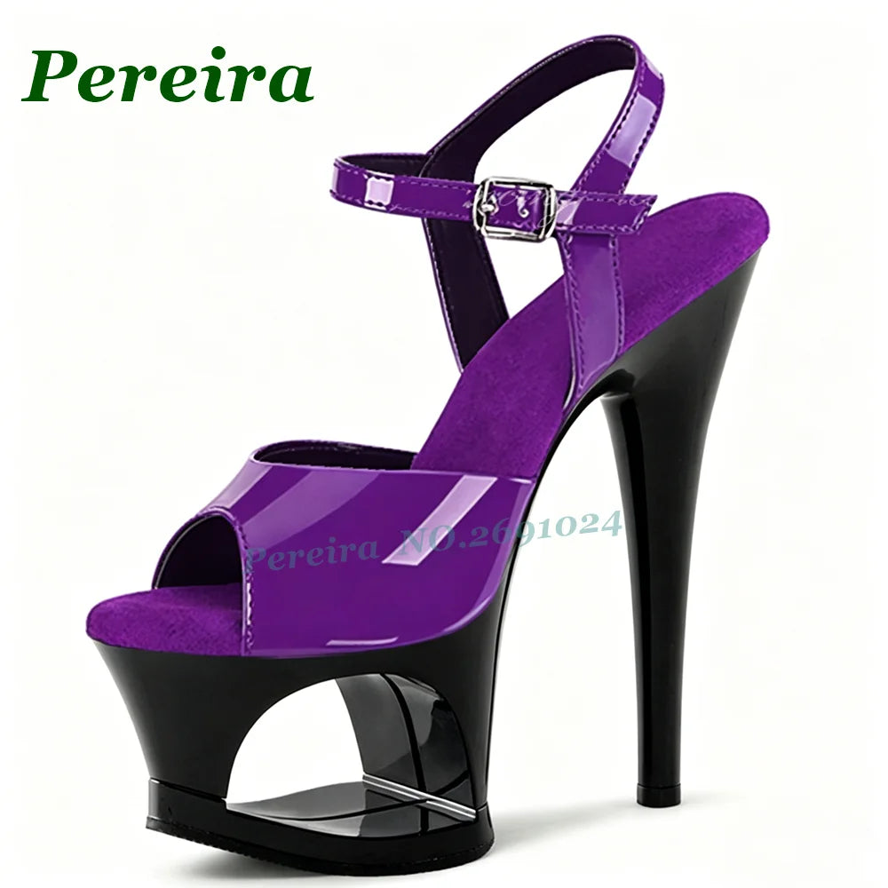 Women's Black Patent Cutout Platform Heels Sandals Peep Toe Ankle Strap Stiletto Sandals