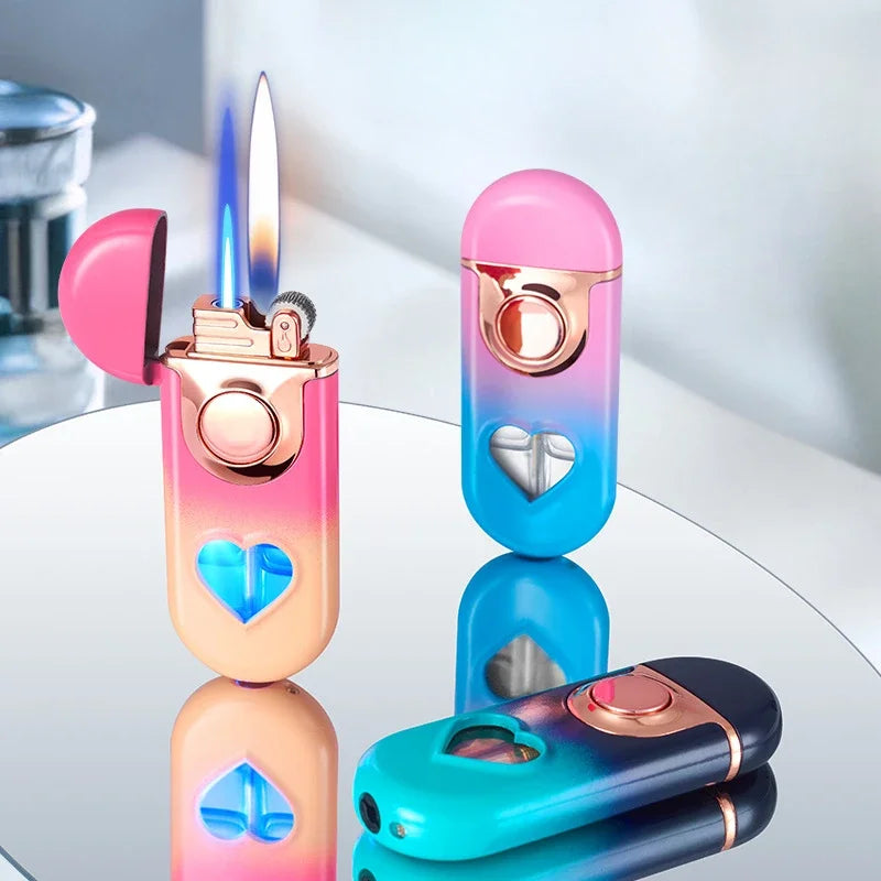 Metal Love Double Flame Butane Gas Lighter Creative LED