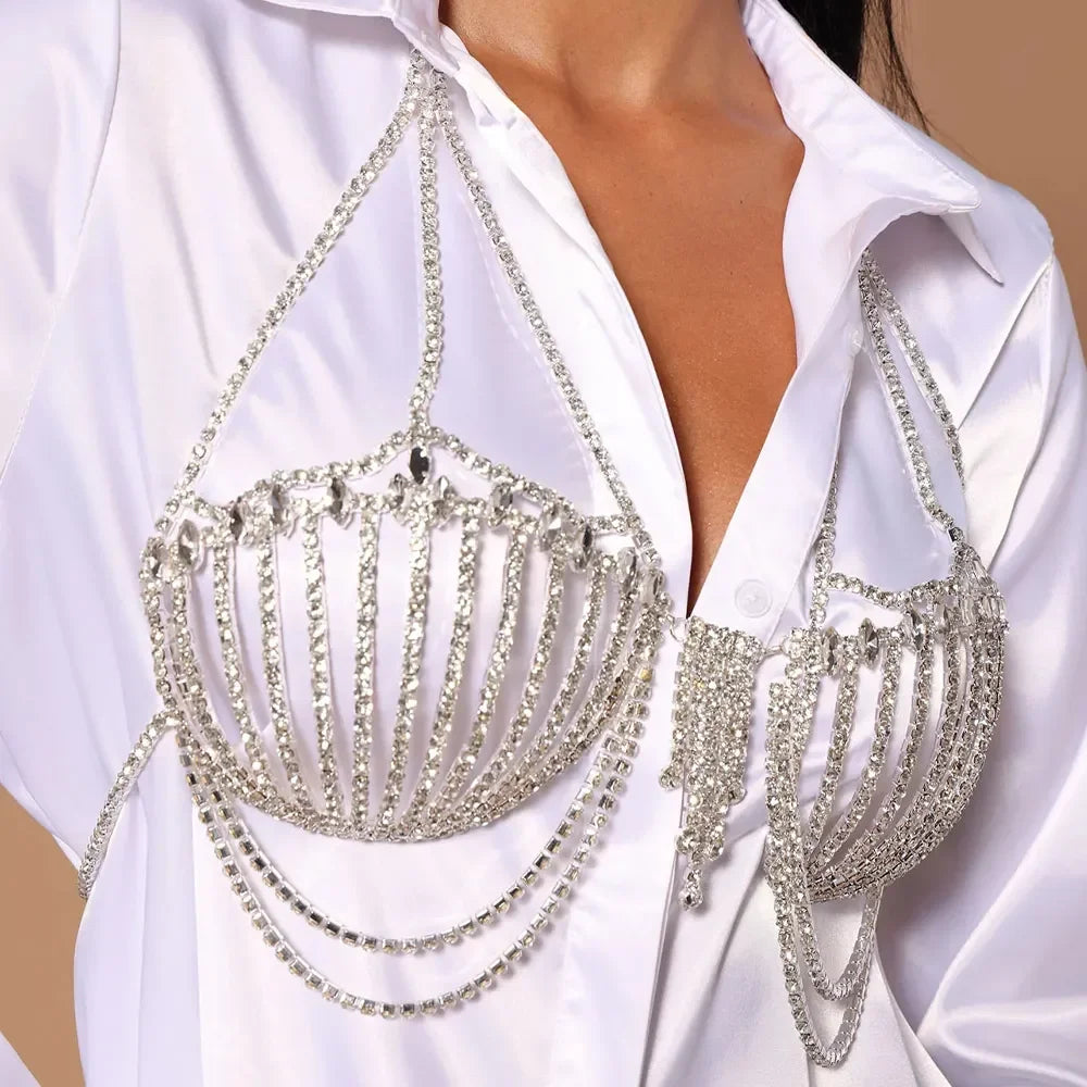 2024 New Sea Shell Bra Top Woman Crystal Lingerie Chain Apparel Stripper Outfit Dancewear Exotic Gift Lingerie Wholesale Pendant