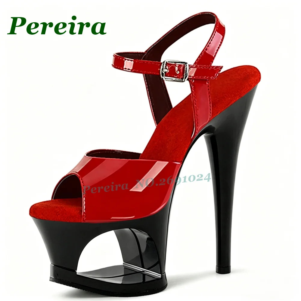 Women's Black Patent Cutout Platform Heels Sandals Peep Toe Ankle Strap Stiletto Sandals