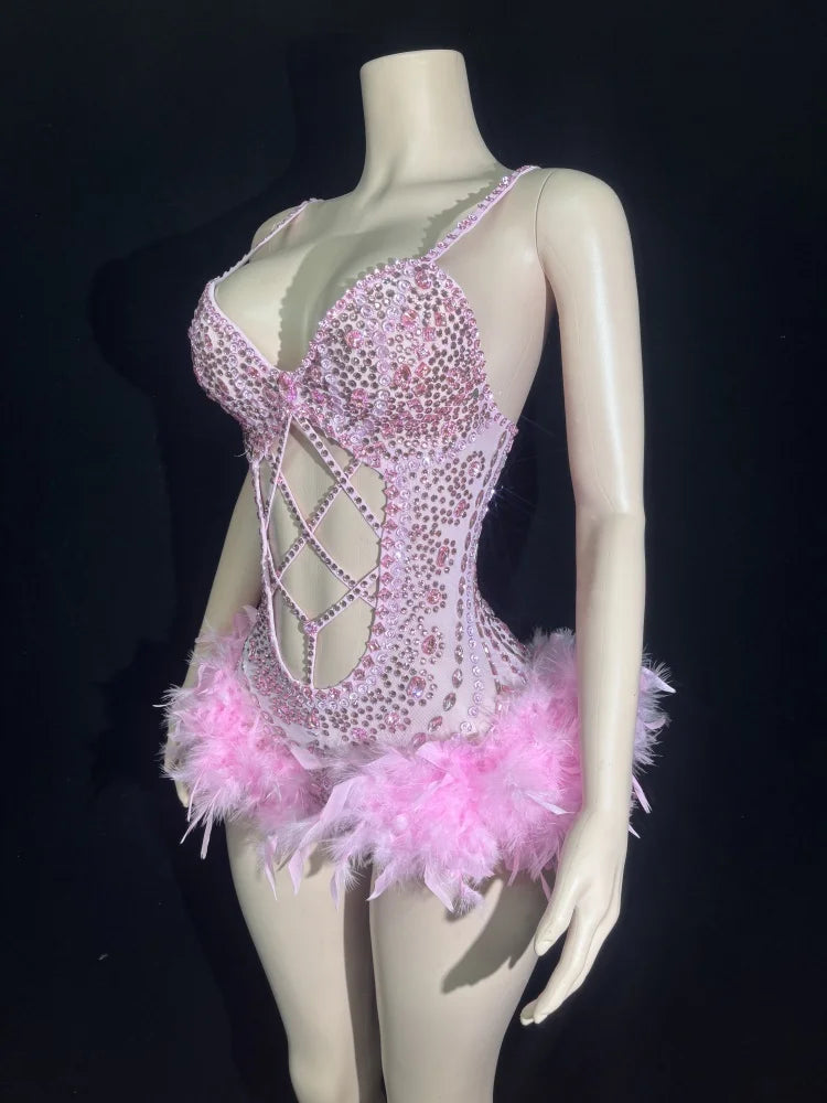3 Colors Women Sexy Sparkly Pink Crystal Stretchy Night Club Singer Dancer Shinning Feathers Stage Costume Party Bodysuit