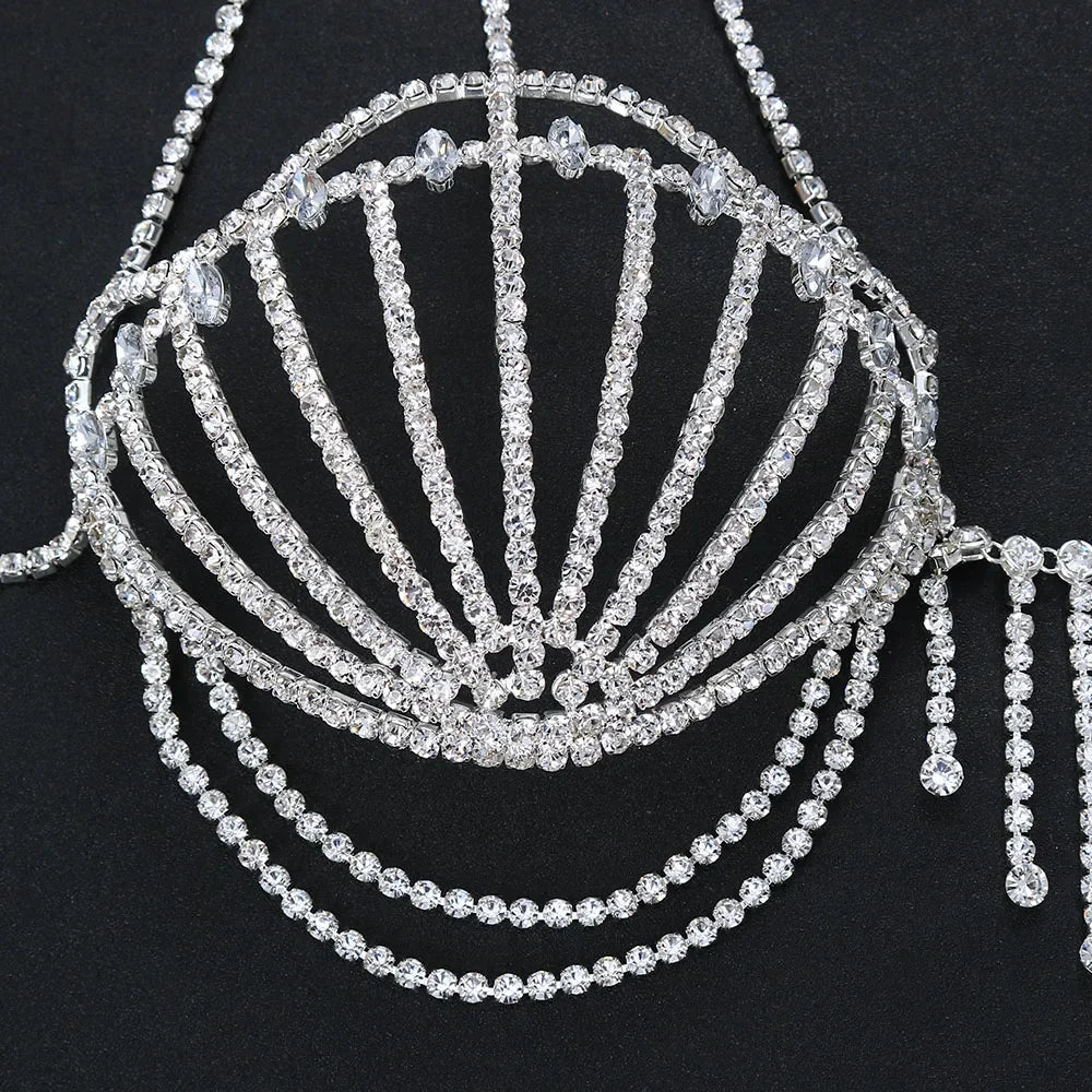 2024 New Sea Shell Bra Top Woman Crystal Lingerie Chain Apparel Stripper Outfit Dancewear Exotic Gift Lingerie Wholesale Pendant