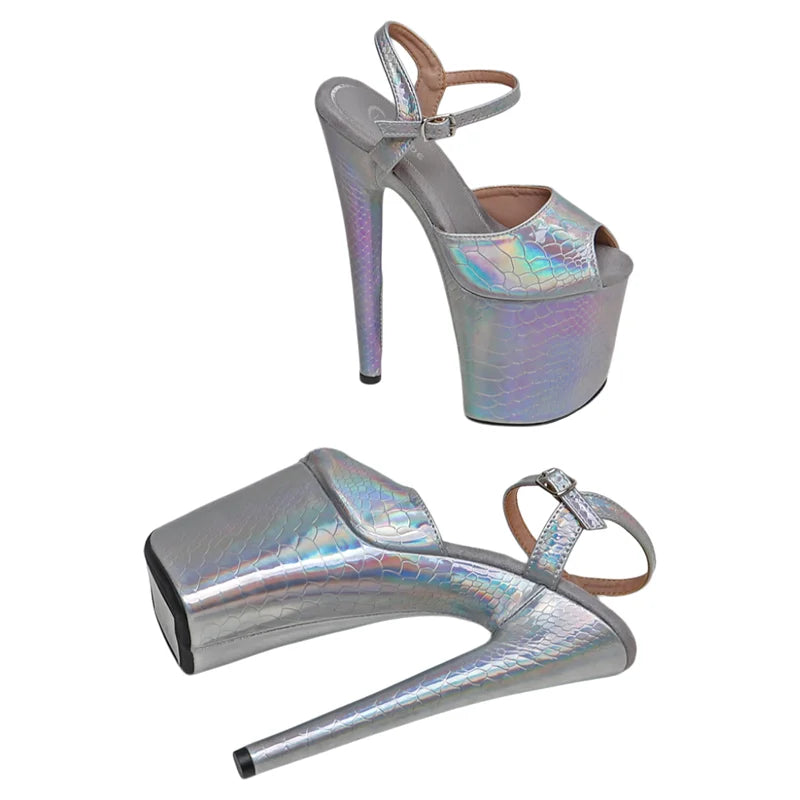 Leecabe  8Inch/20cm holographic snake silver Upper  fashion Platform High Heels Sandals stripper heel Pole Dance shoes