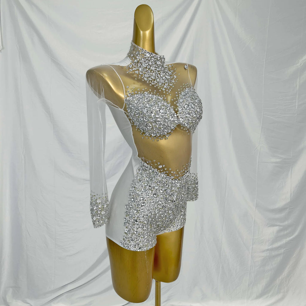 Sexy Long Sleeves Night Club Party Rhinestone Playsuits Ladies One Piece Bodysuit Women Bodycon Jumpsuits Gogo Dancer Outfits