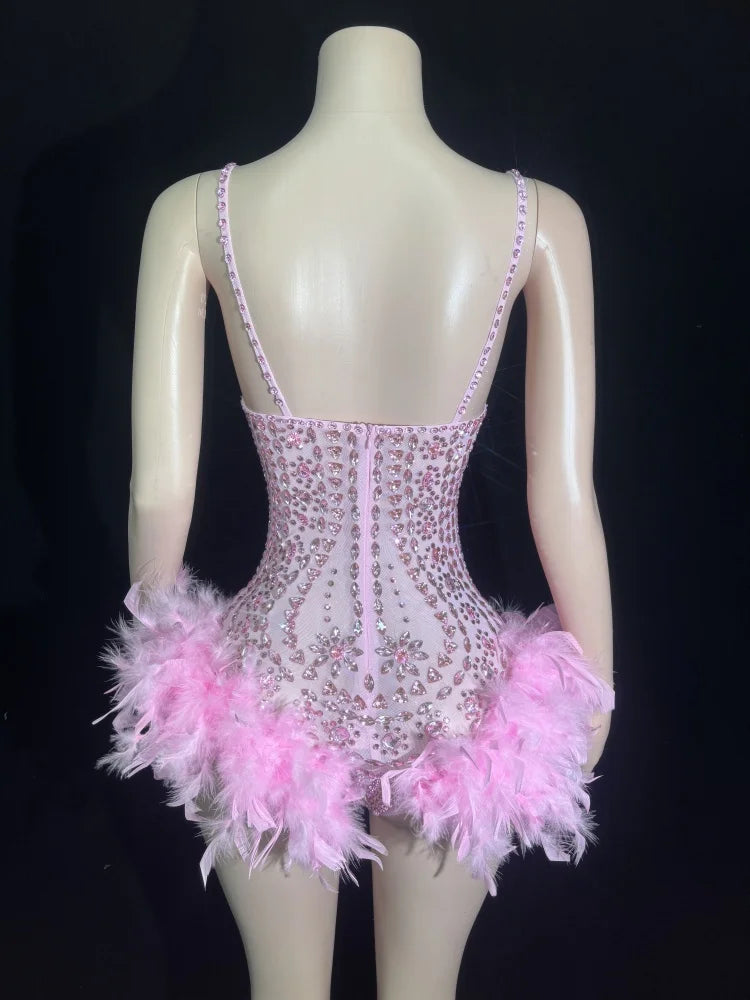 3 Colors Women Sexy Sparkly Pink Crystal Stretchy Night Club Singer Dancer Shinning Feathers Stage Costume Party Bodysuit