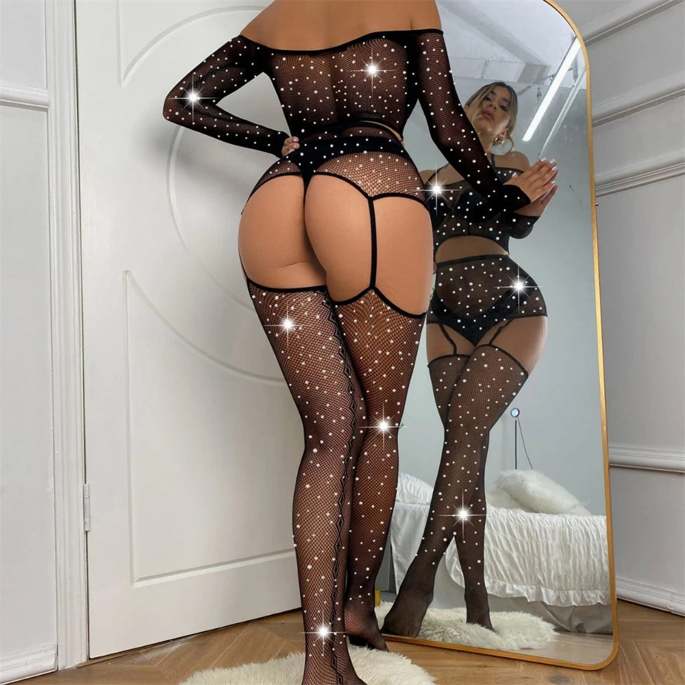 Woman's Sexy Exotic Pole Dancewear Split Rhinestone Fishnet Bodystocking