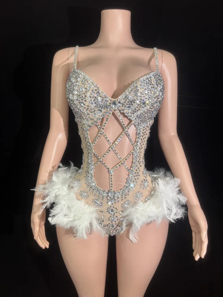 3 Colors Women Sexy Sparkly Pink Crystal Stretchy Night Club Singer Dancer Shinning Feathers Stage Costume Party Bodysuit