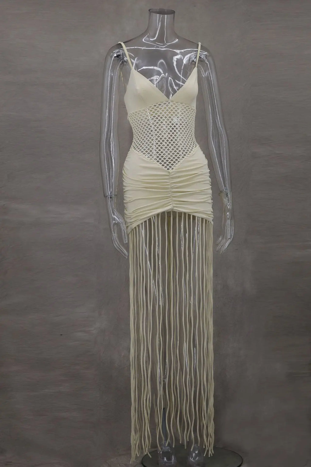Tassel Hem Splicing Sling Dress Women Sexy Waist Hollow Out Stretch Pleated Bodycon Dress