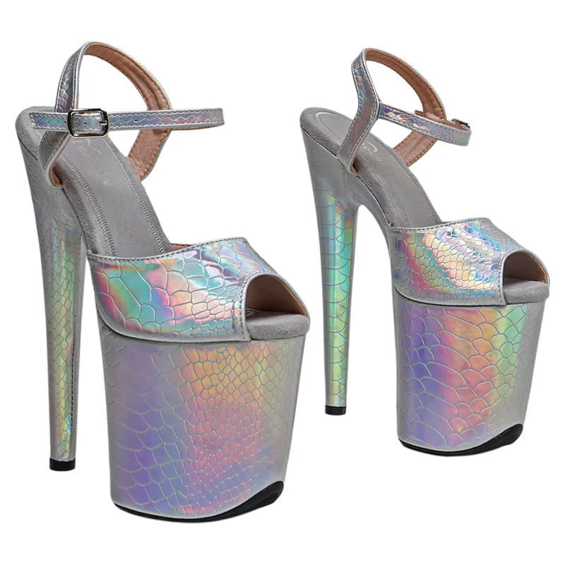 Leecabe  8Inch/20cm holographic snake silver Upper  fashion Platform High Heels Sandals stripper heel Pole Dance shoes