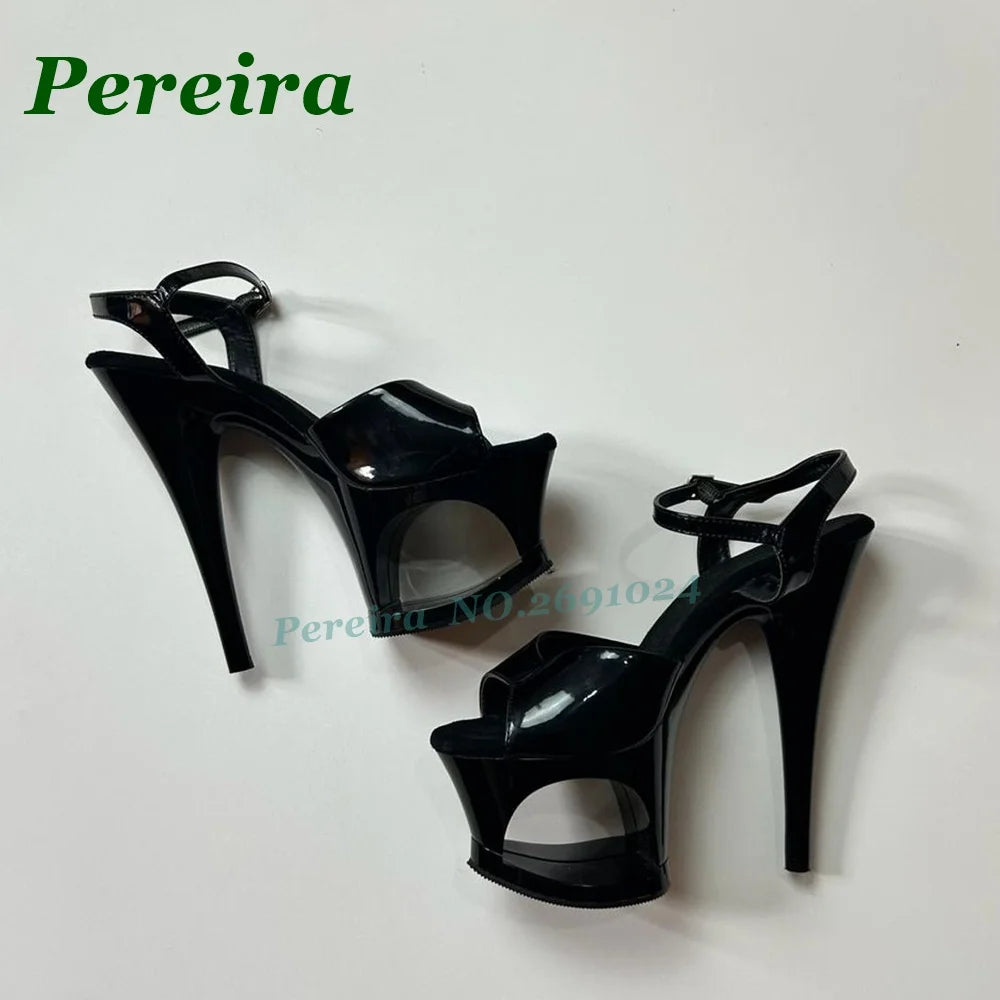 Women's Black Patent Cutout Platform Heels Sandals Peep Toe Ankle Strap Stiletto Sandals