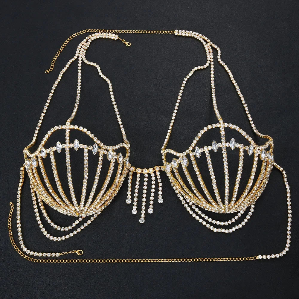 2024 New Sea Shell Bra Top Woman Crystal Lingerie Chain Apparel Stripper Outfit Dancewear Exotic Gift Lingerie Wholesale Pendant
