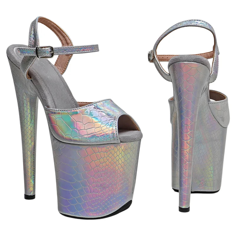 Leecabe  8Inch/20cm holographic snake silver Upper  fashion Platform High Heels Sandals stripper heel Pole Dance shoes