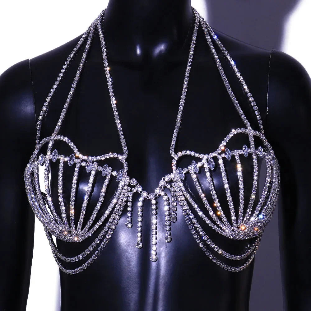 2024 New Sea Shell Bra Top Woman Crystal Lingerie Chain Apparel Stripper Outfit Dancewear Exotic Gift Lingerie Wholesale Pendant