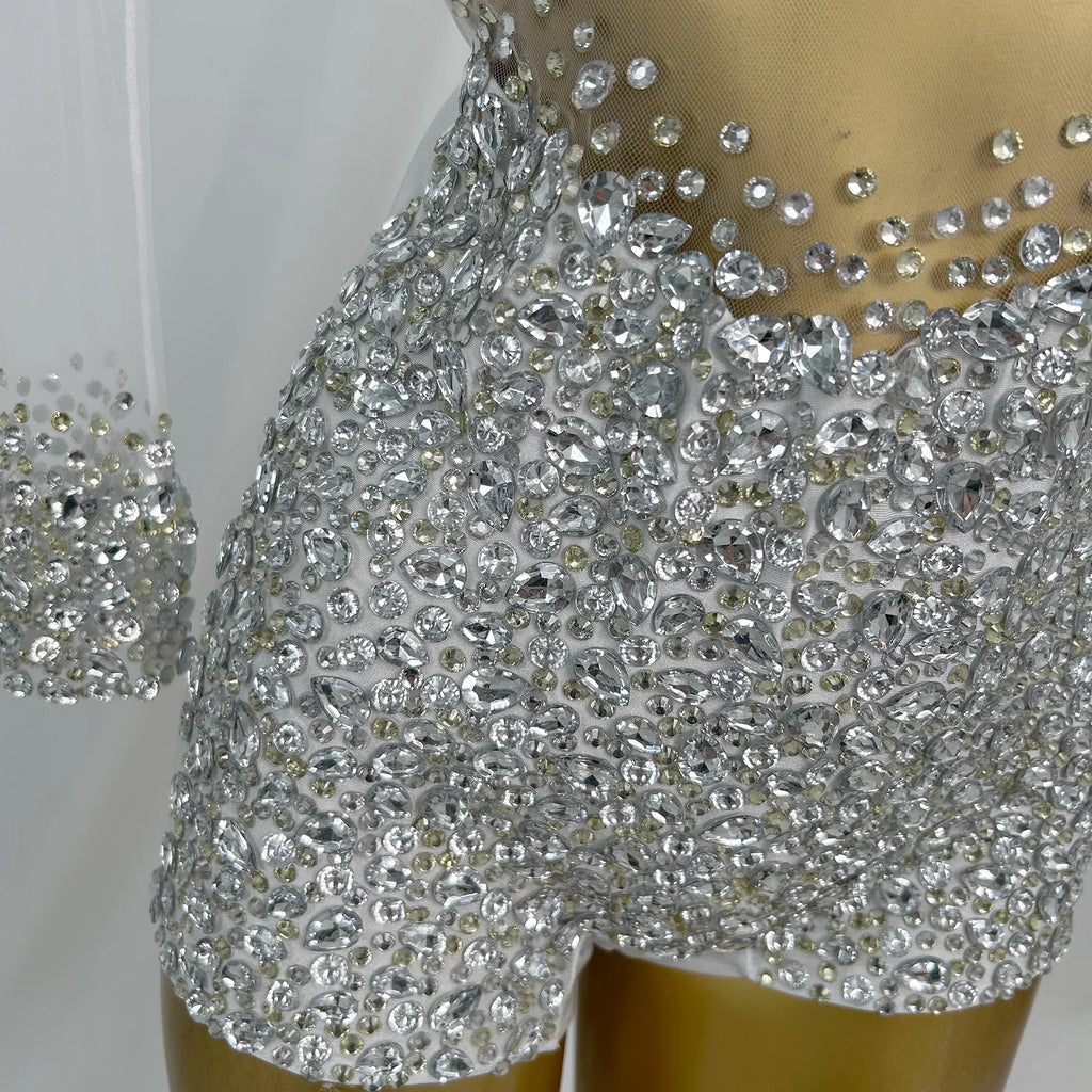 Sexy Long Sleeves Night Club Party Rhinestone Playsuits Ladies One Piece Bodysuit Women Bodycon Jumpsuits Gogo Dancer Outfits