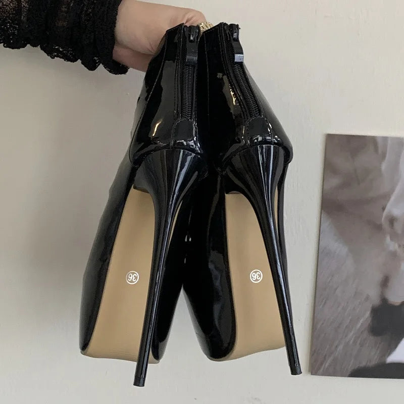 Aneikeh Summer Black Hollow Out Patent Leather Women Platform Boots Sexy Peep Toe Zip Super High Heels Stripper Pole Dance Shoes
