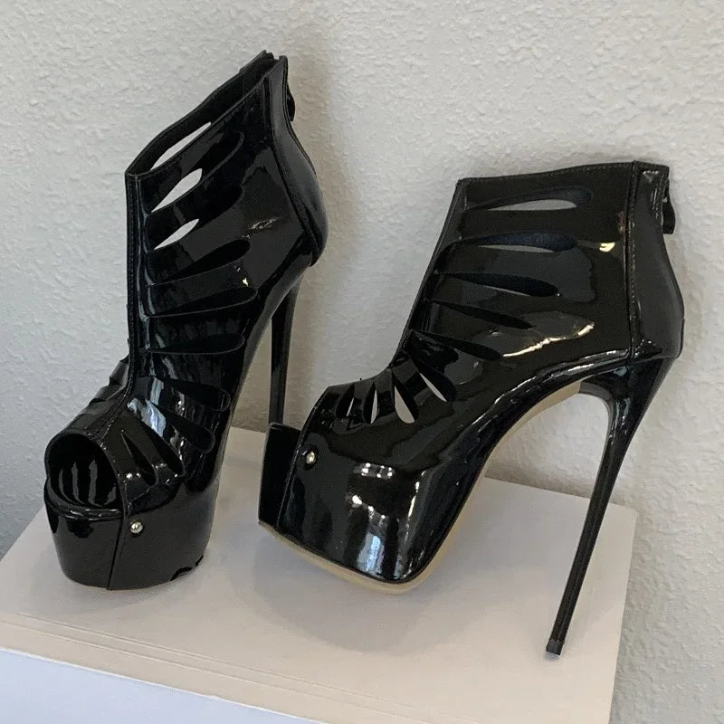 Aneikeh Summer Black Hollow Out Patent Leather Women Platform Boots Sexy Peep Toe Zip Super High Heels Stripper Pole Dance Shoes