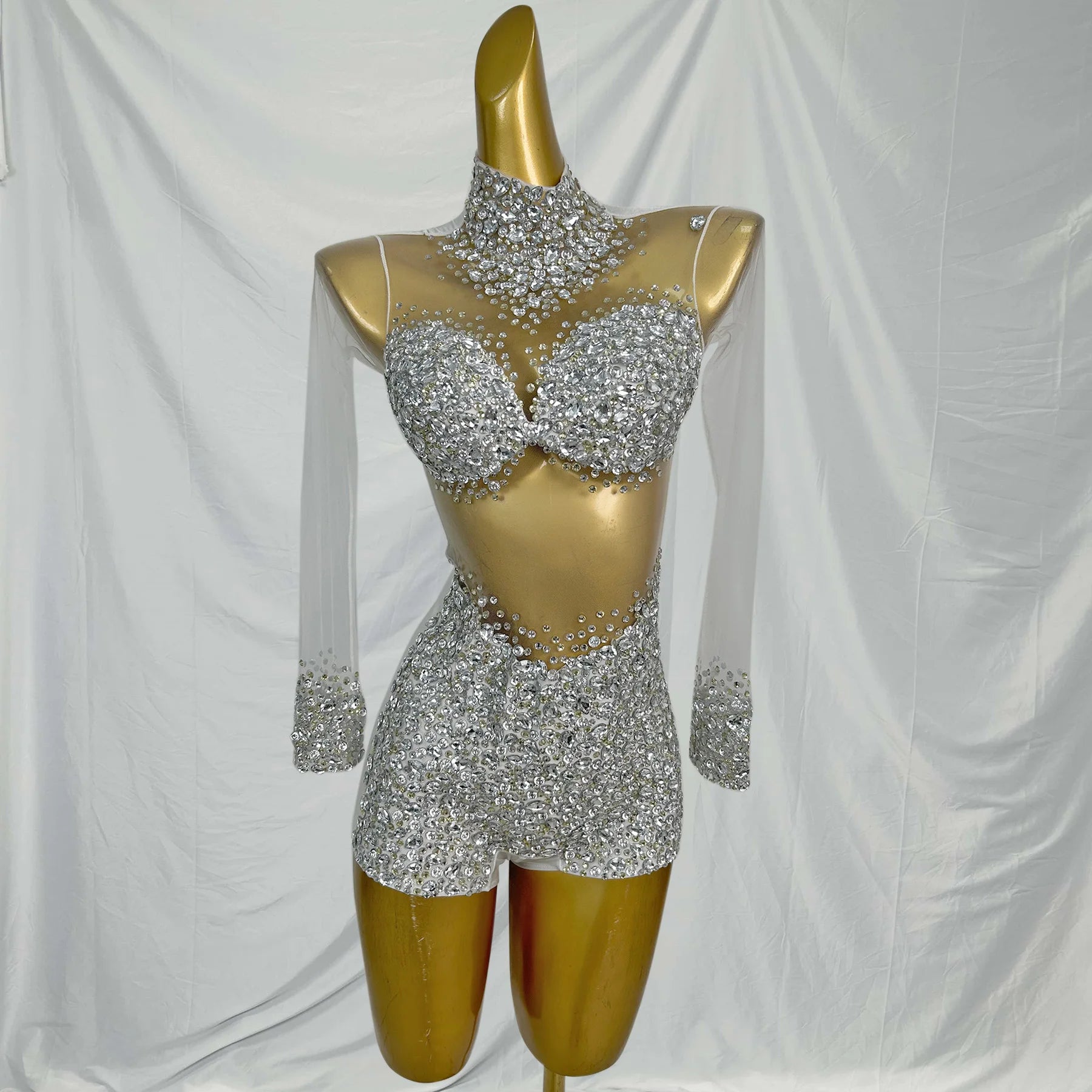 Sexy Long Sleeves Night Club Party Rhinestone Playsuits Ladies One Piece Bodysuit Women Bodycon Jumpsuits Gogo Dancer Outfits