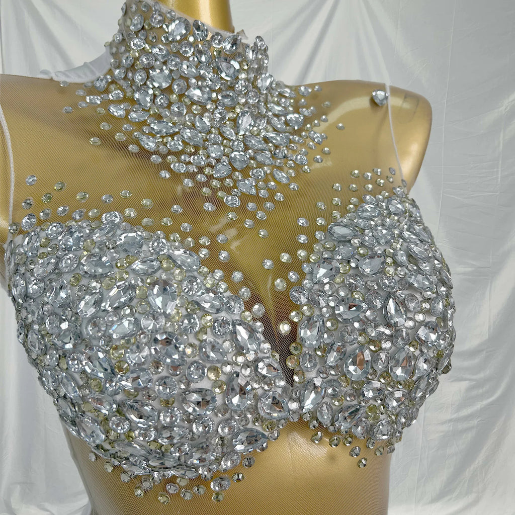 Sexy Long Sleeves Night Club Party Rhinestone Playsuits Ladies One Piece Bodysuit Women Bodycon Jumpsuits Gogo Dancer Outfits