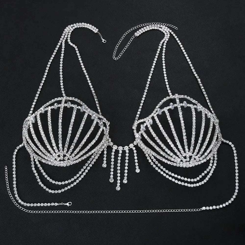 2024 New Sea Shell Bra Top Woman Crystal Lingerie Chain Apparel Stripper Outfit Dancewear Exotic Gift Lingerie Wholesale Pendant
