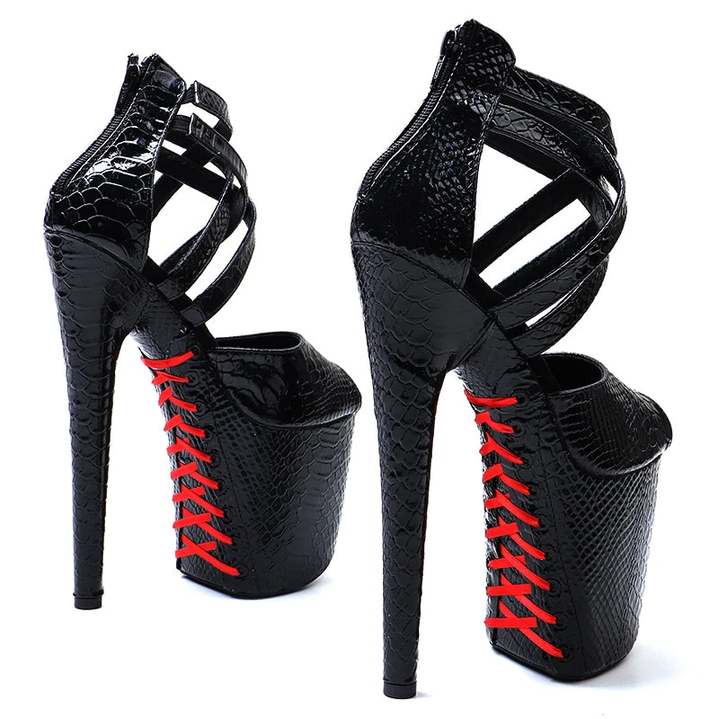 Leecabe  8Inch/20cm Shiny snake PU fashion  High Heels Platform lace-up Sandals stripper heel Pole Dance shoes