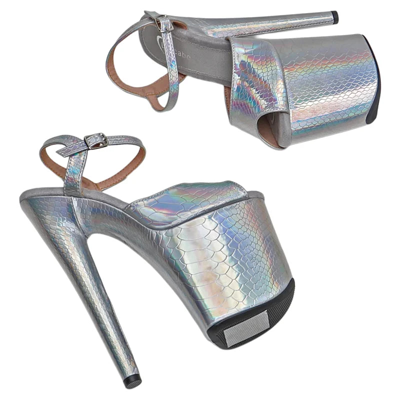 Leecabe  8Inch/20cm holographic snake silver Upper  fashion Platform High Heels Sandals stripper heel Pole Dance shoes